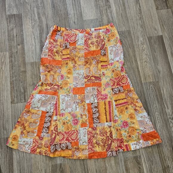 Vtg Patchwork Midi Skirt Women 14 Orange Floral Paisley Embroidered Hippie Retro - Picture 6 of 10